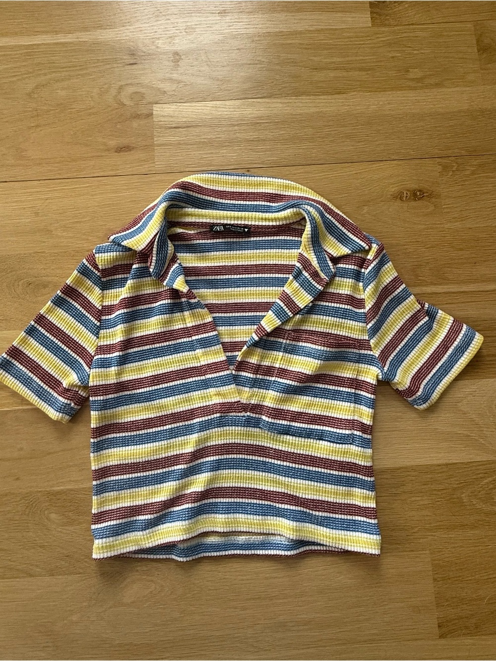 Zara Striped Short Sleeve Polo Top - Yellow, Blue & Brown